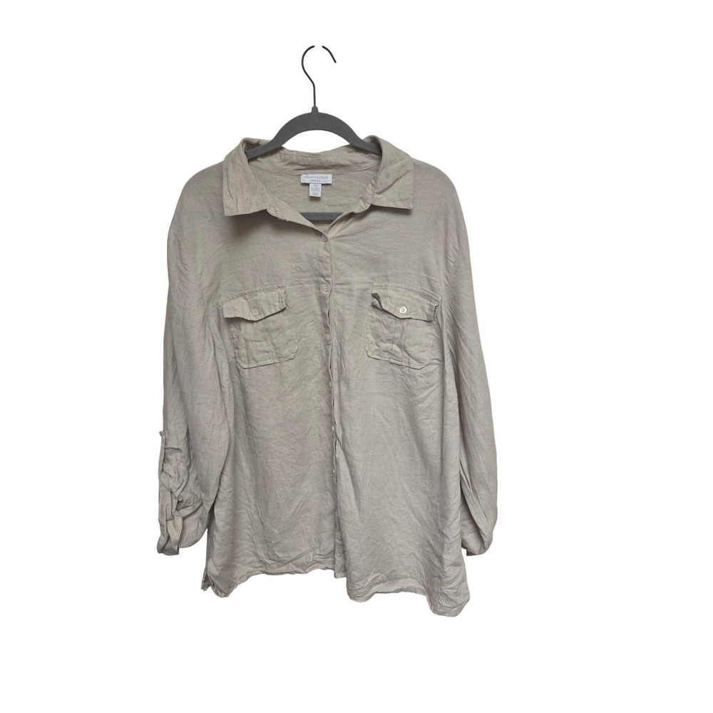 Charter Club Women's Linen Shirt‎ Top Beige Long Sleeve Button Down 20W